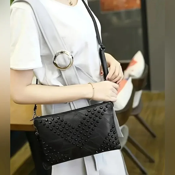 Black Rivet Grid Crossbody Shoulder Bag - Picture 5 of 5